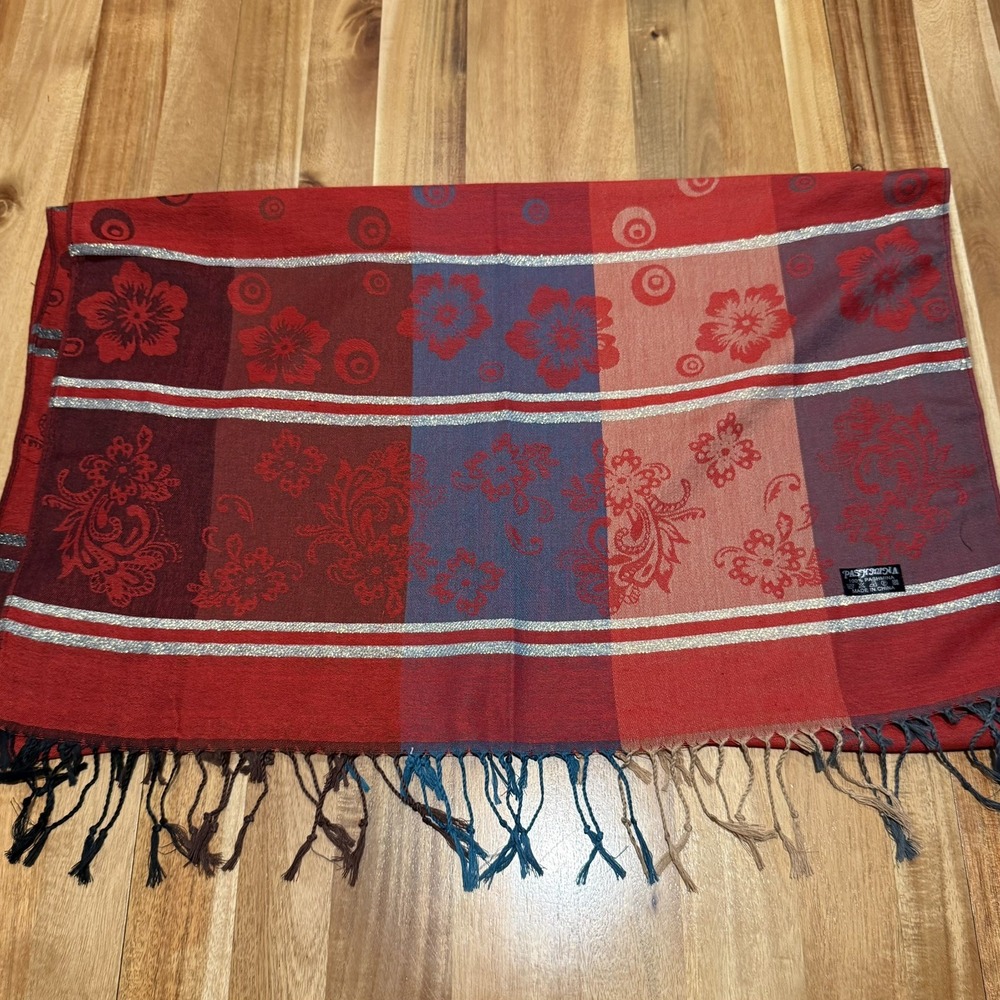 100% Pashmina Scarf Shawl Red Multicolor Floral Metallic Fringe Boho Wrap